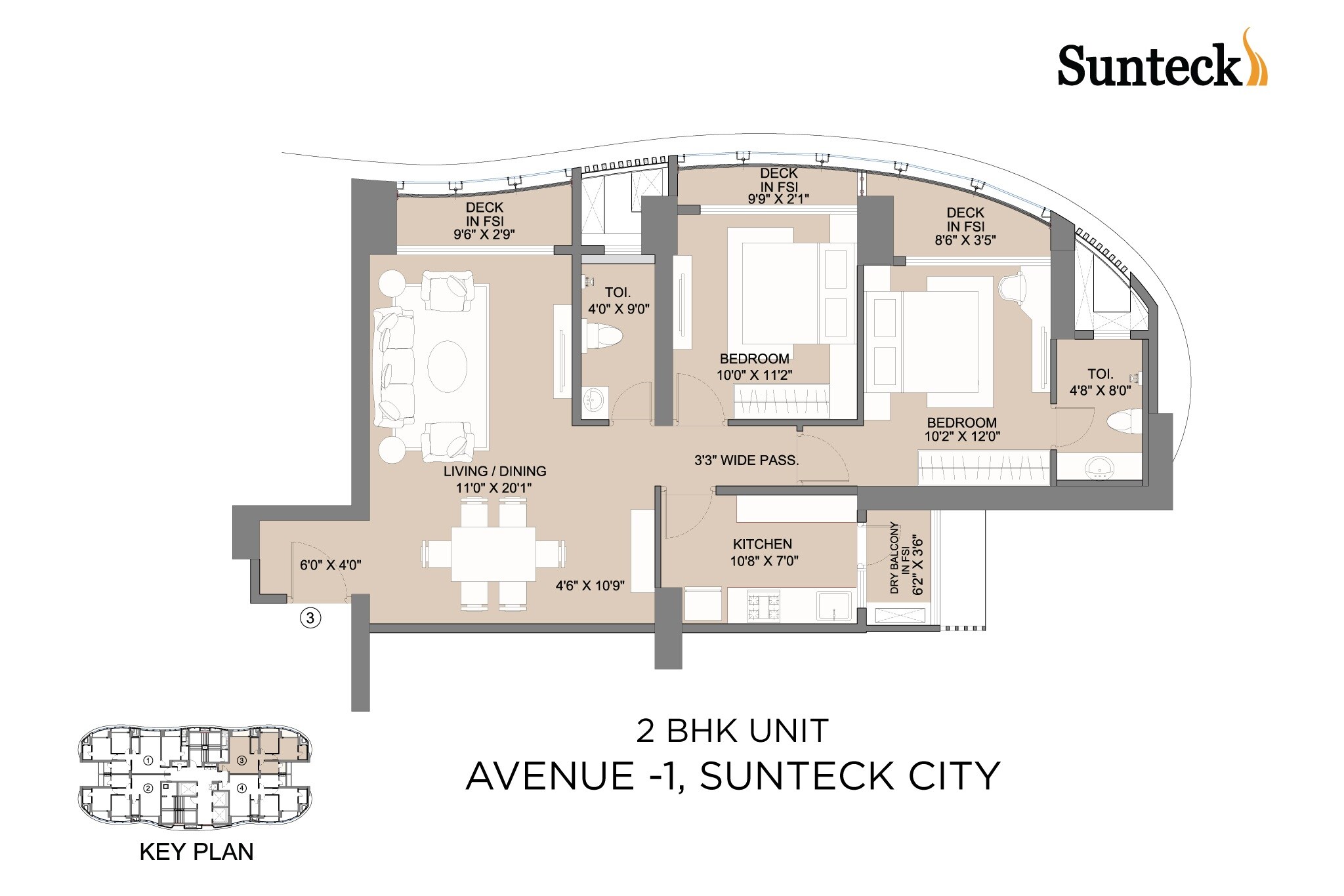 Floor plan of 3 BHK 815 Sq. Ft. Apartment in Sunteck City Avenue 1, Mumbai