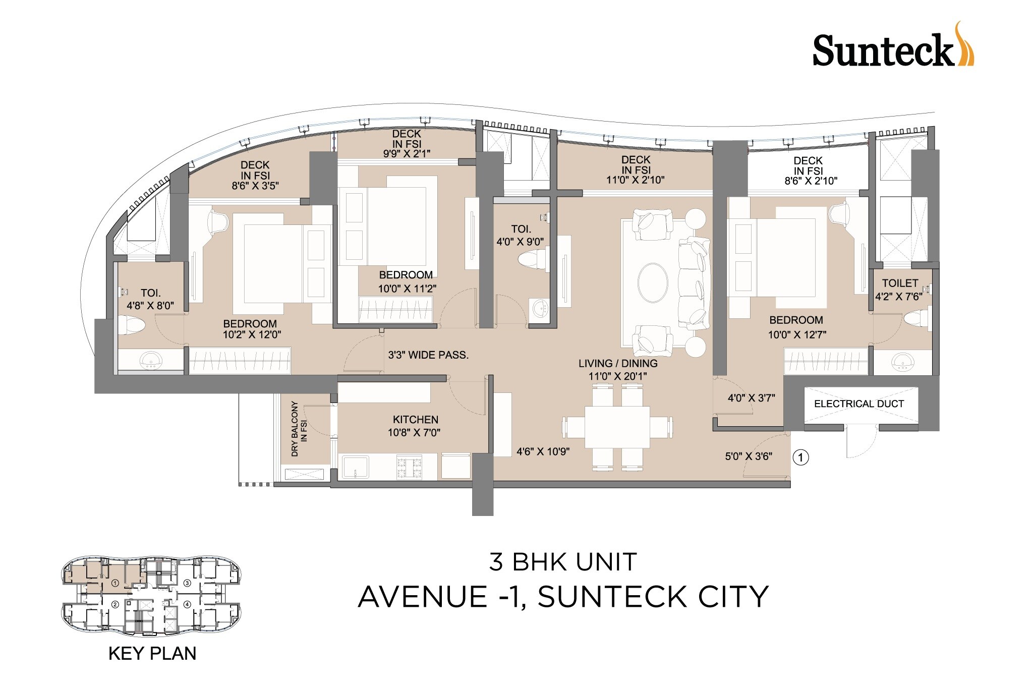 Floor plan of 3 BHK 965 Sq. Ft. Apartment in Sunteck City Avenue 1, Mumbai
