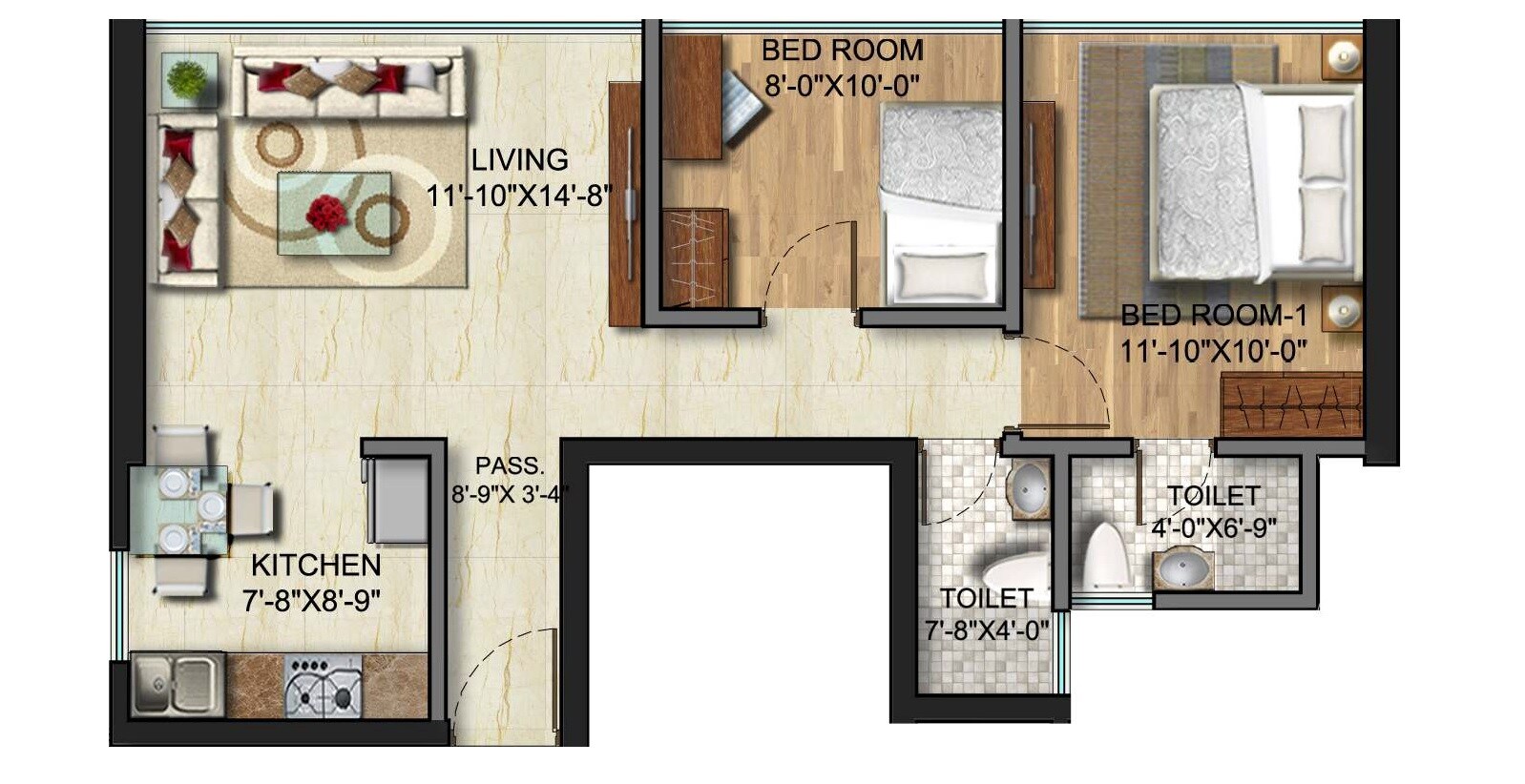 Floor plan of 2 BHK 629 Sq. Ft. Apartment in Sunteck City Avenue 2, Mumbai