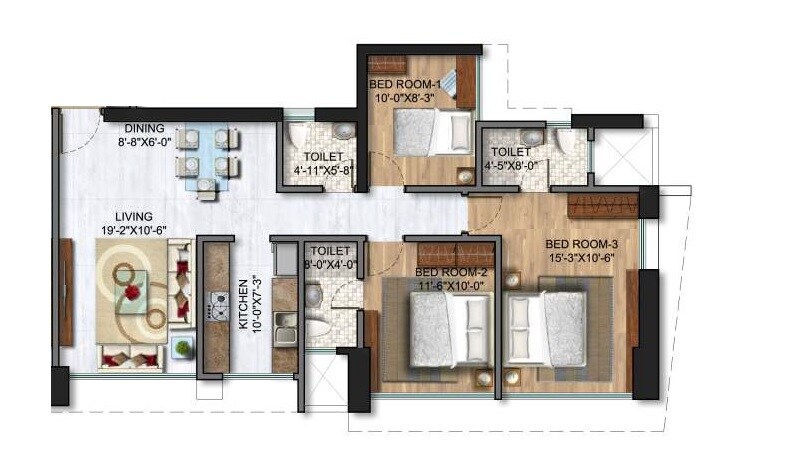 Floor plan of 3 BHK 896 Sq. Ft. Apartment in Sunteck City Avenue 2, Mumbai