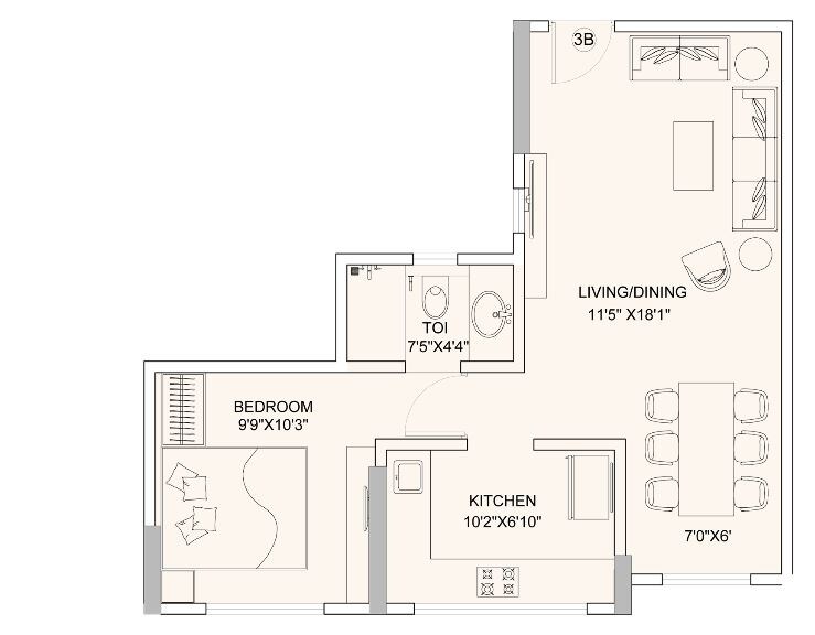 Floor plan of 1 BHK 454 Sq. Ft. Apartment in Sunteck Gilbird, Mumbai