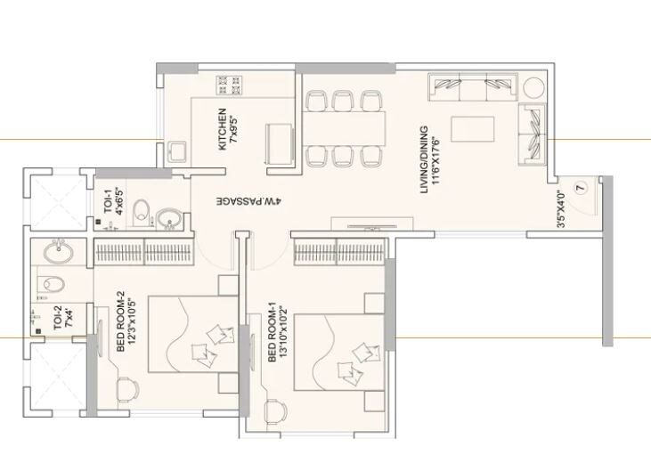 Floor plan of 2 BHK 599 Sq. Ft. Apartment in Sunteck Gilbird, Mumbai