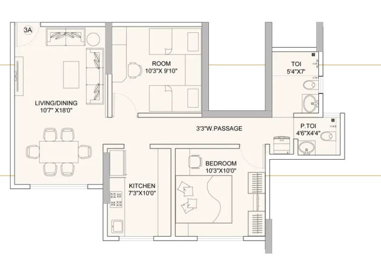 Floor plan of 2 BHK 621 Sq. Ft. Apartment in Sunteck Gilbird, Mumbai