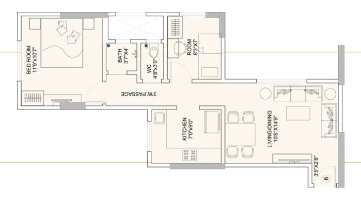Floor plan of 2 BHK 703 Sq. Ft. Apartment in Sunteck Gilbird, Mumbai