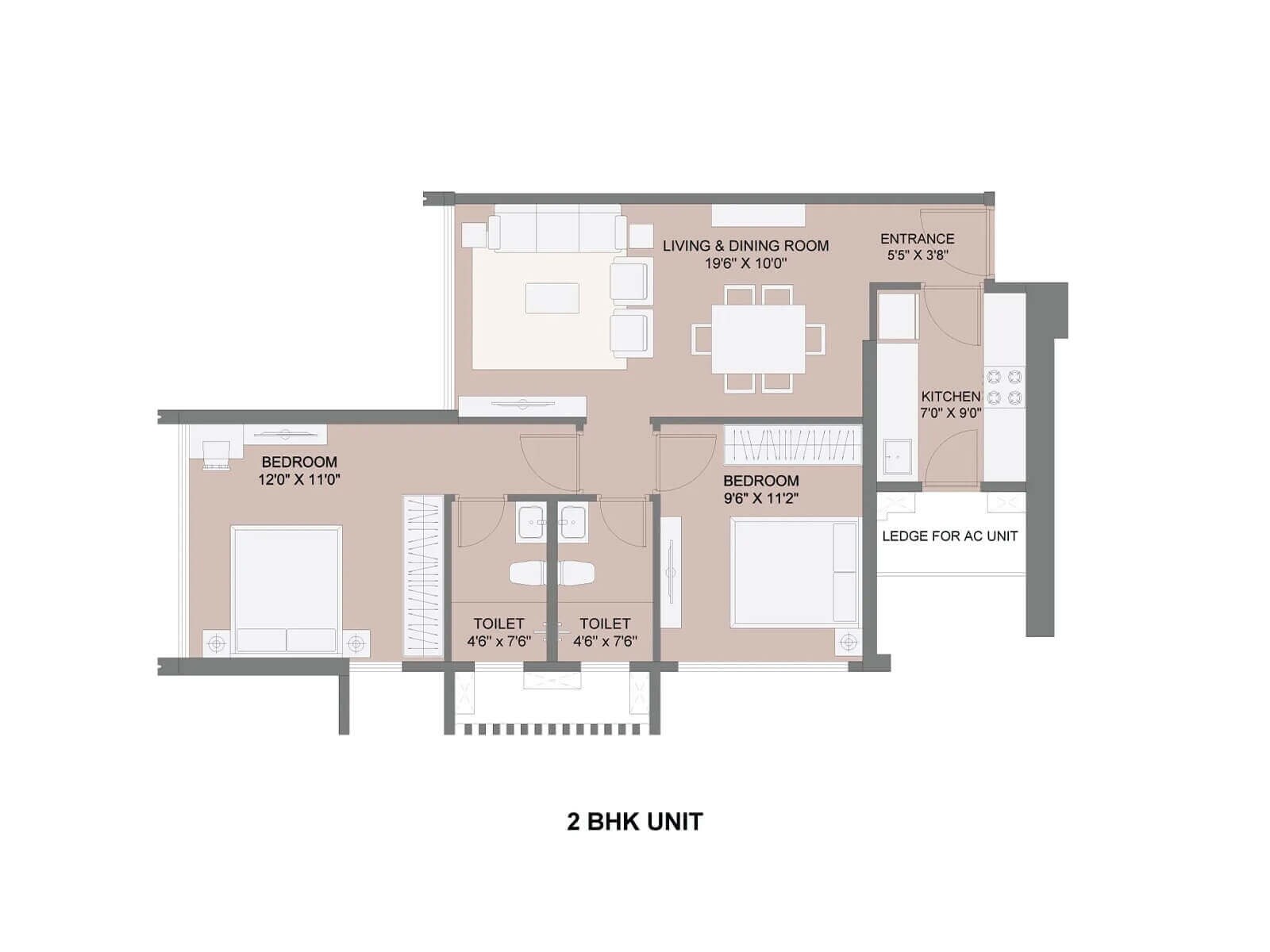 Floor plan of 2 BHK 725 Sq. Ft. Apartment in Sunteck Gilbird, Mumbai