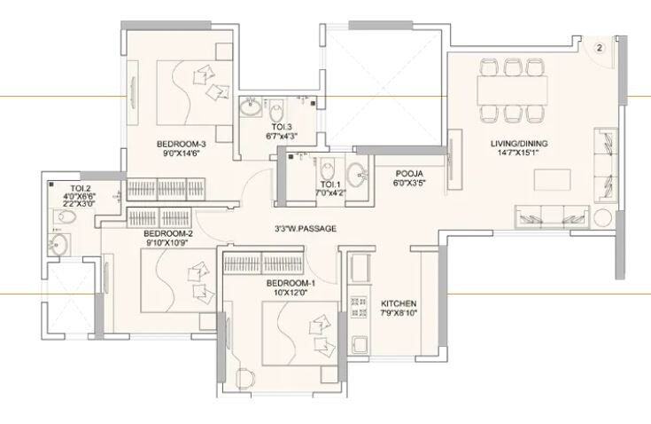 Floor plan of 3 BHK 888 Sq. Ft. Apartment in Sunteck Gilbird, Mumbai