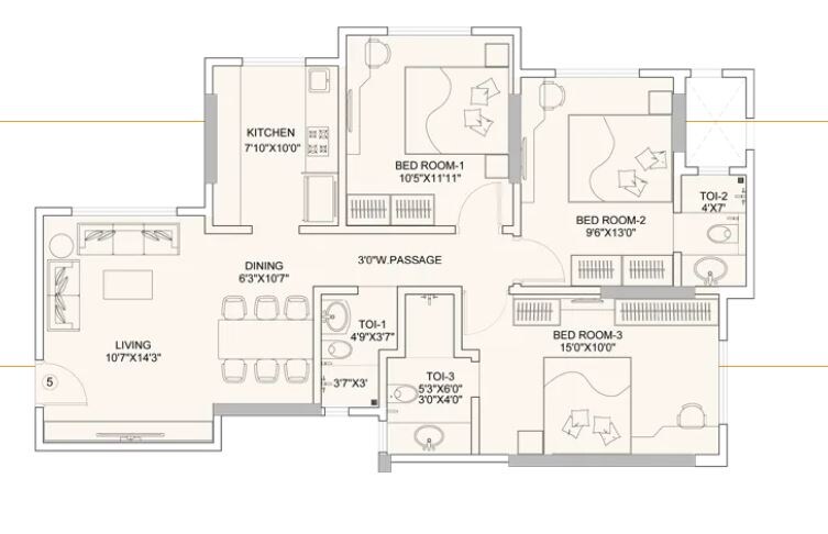 Floor plan of 3 BHK 890 Sq. Ft. Apartment in Sunteck Gilbird, Mumbai