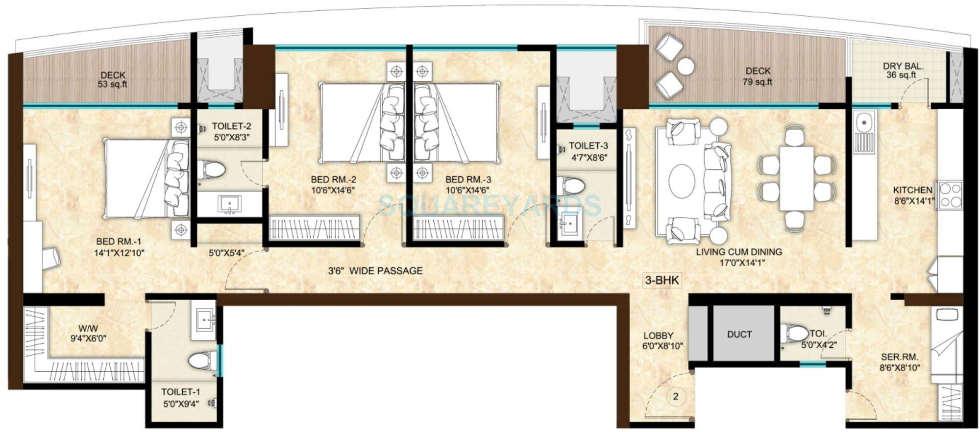 Floor plan of 3 BHK 2542 Sq. Ft. Apartment in Sunteck Signia High, Mumbai