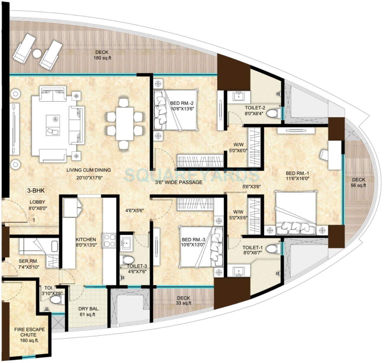 Floor plan of 3 BHK 2735 Sq. Ft. Apartment in Sunteck Signia High, Mumbai