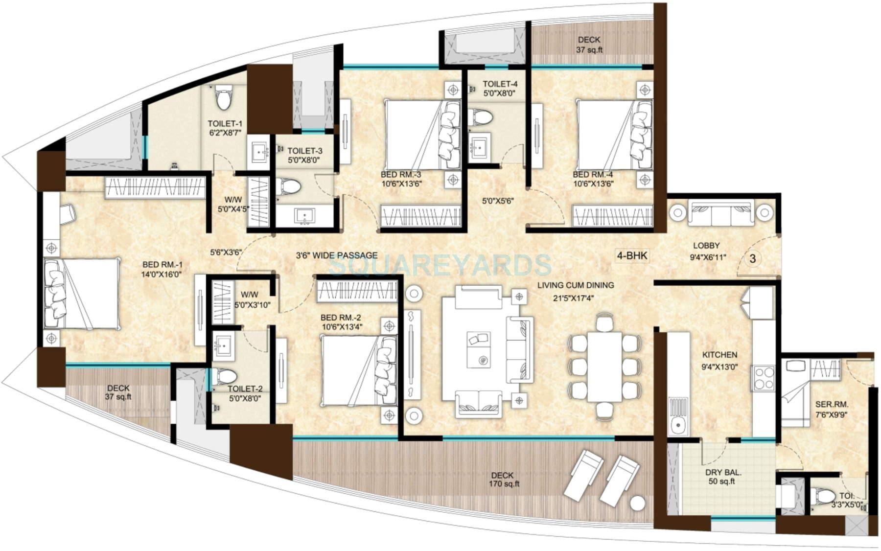 Floor plan of 4 BHK 3251 Sq. Ft. Apartment in Sunteck Signia High, Mumbai