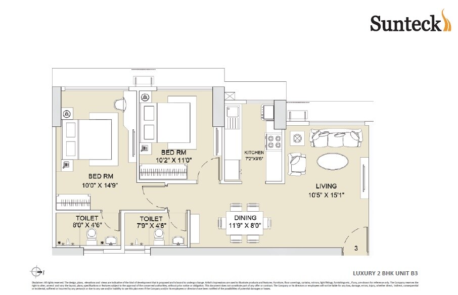 Floor plan of 2 BHK 1088 Sq. Ft. Apartment in Sunteck Whatacity, Mumbai