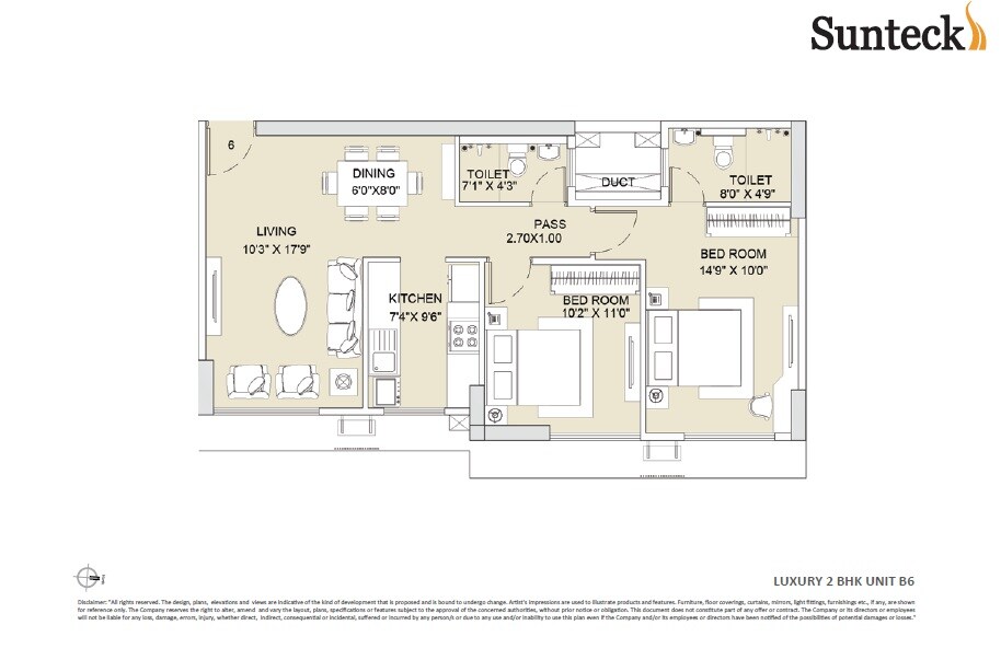 Floor plan of 2 BHK 1098 Sq. Ft. Apartment in Sunteck Whatacity, Mumbai