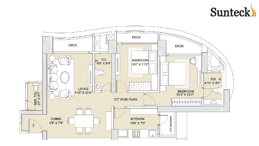 Floor plan of 2 BHK 1335 Sq. Ft. Apartment in Sunteck Whatacity, Mumbai