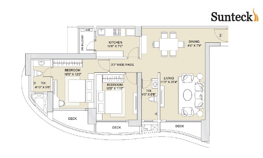 Floor plan of 2 BHK 1368 Sq. Ft. Apartment in Sunteck Whatacity, Mumbai