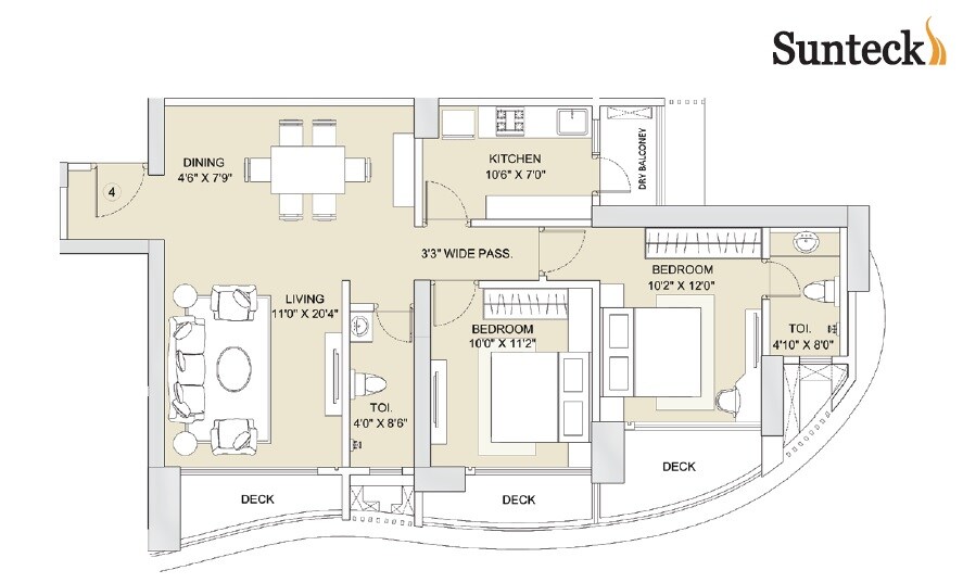 Floor plan of 2 BHK 1414 Sq. Ft. Apartment in Sunteck Whatacity, Mumbai