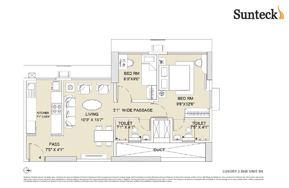 Floor plan of 2 BHK 908 Sq. Ft. Apartment in Sunteck Whatacity, Mumbai
