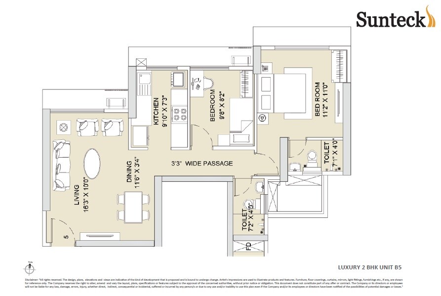 Floor plan of 2 BHK 977 Sq. Ft. Apartment in Sunteck Whatacity, Mumbai