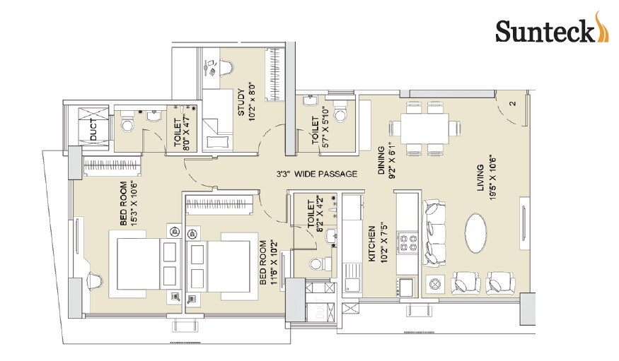 Floor plan of 2 BHK 1411 Sq. Ft. Apartment in Sunteck Whatacity, Mumbai