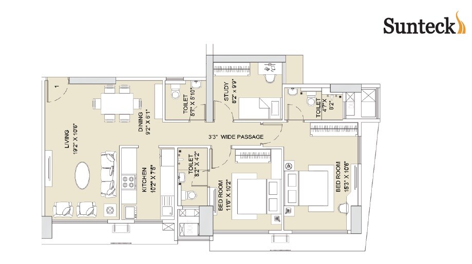 Floor plan of 2 BHK 1405 Sq. Ft. Apartment in Sunteck Whatacity, Mumbai