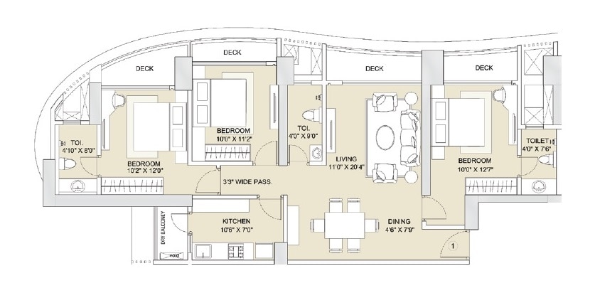 Floor plan of 3 BHK 1670 Sq. Ft. Apartment in Sunteck Whatacity, Mumbai