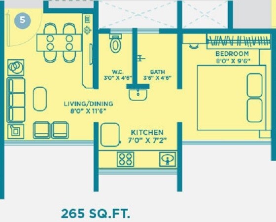 Floor plan of 1 BHK 265 Sq. Ft. Apartment in Suparshwa Eternia, Mumbai