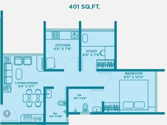Floor plan of 1 BHK 401 Sq. Ft. Apartment in Suparshwa Eternia, Mumbai