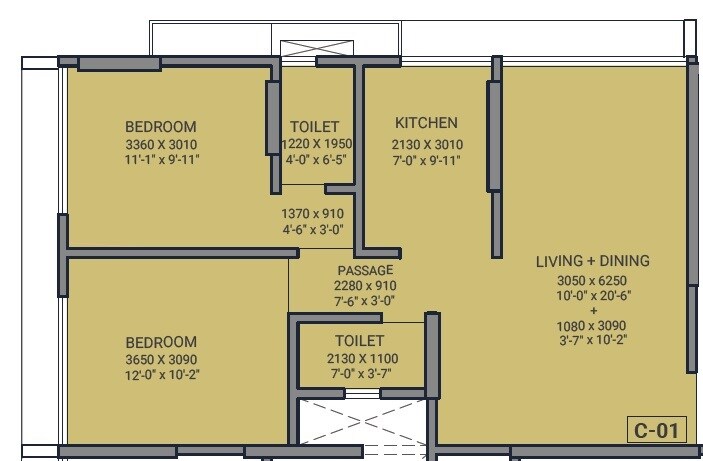 Floor plan of 2 BHK 664 Sq. Ft. Apartment in Suparshwa Trinity, Mumbai