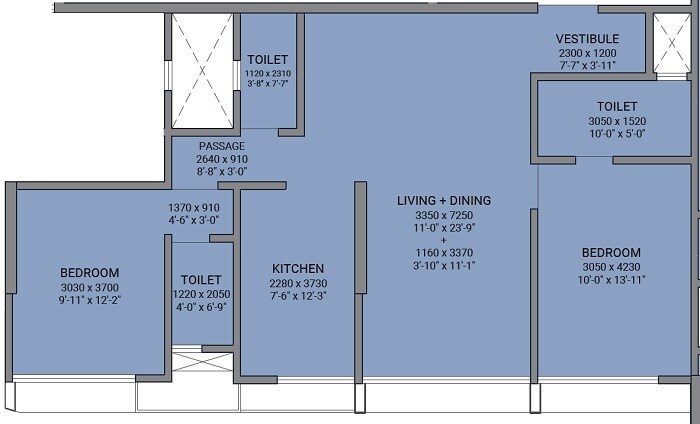 Floor plan of 2 BHK 880 Sq. Ft. Apartment in Suparshwa Trinity, Mumbai