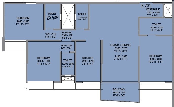 Floor plan of 3 BHK 1076 Sq. Ft. Apartment in Suparshwa Trinity, Mumbai