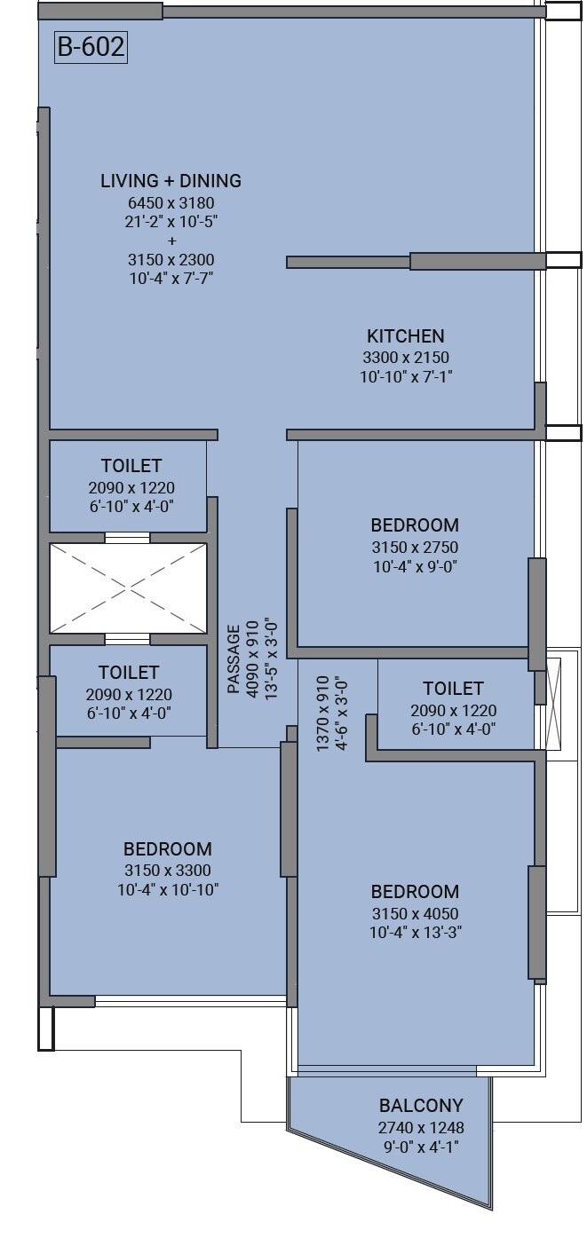 Floor plan of 3 BHK 905 Sq. Ft. Apartment in Suparshwa Trinity, Mumbai