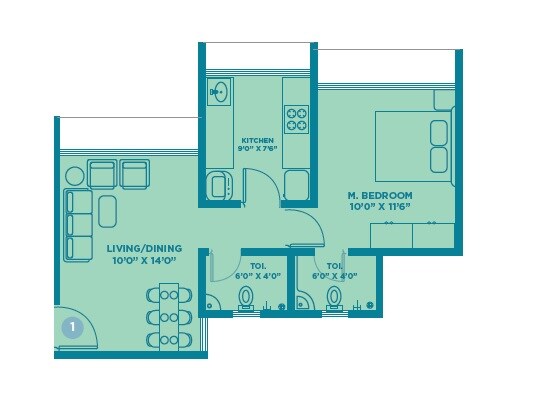 Floor plan of 1 BHK 417 Sq. Ft. Apartment in Suparshwa Urbana, Mumbai