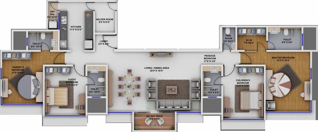 Floor plan of 4 BHK 1691 Sq. Ft. Apartment in Supreme 19, Mumbai