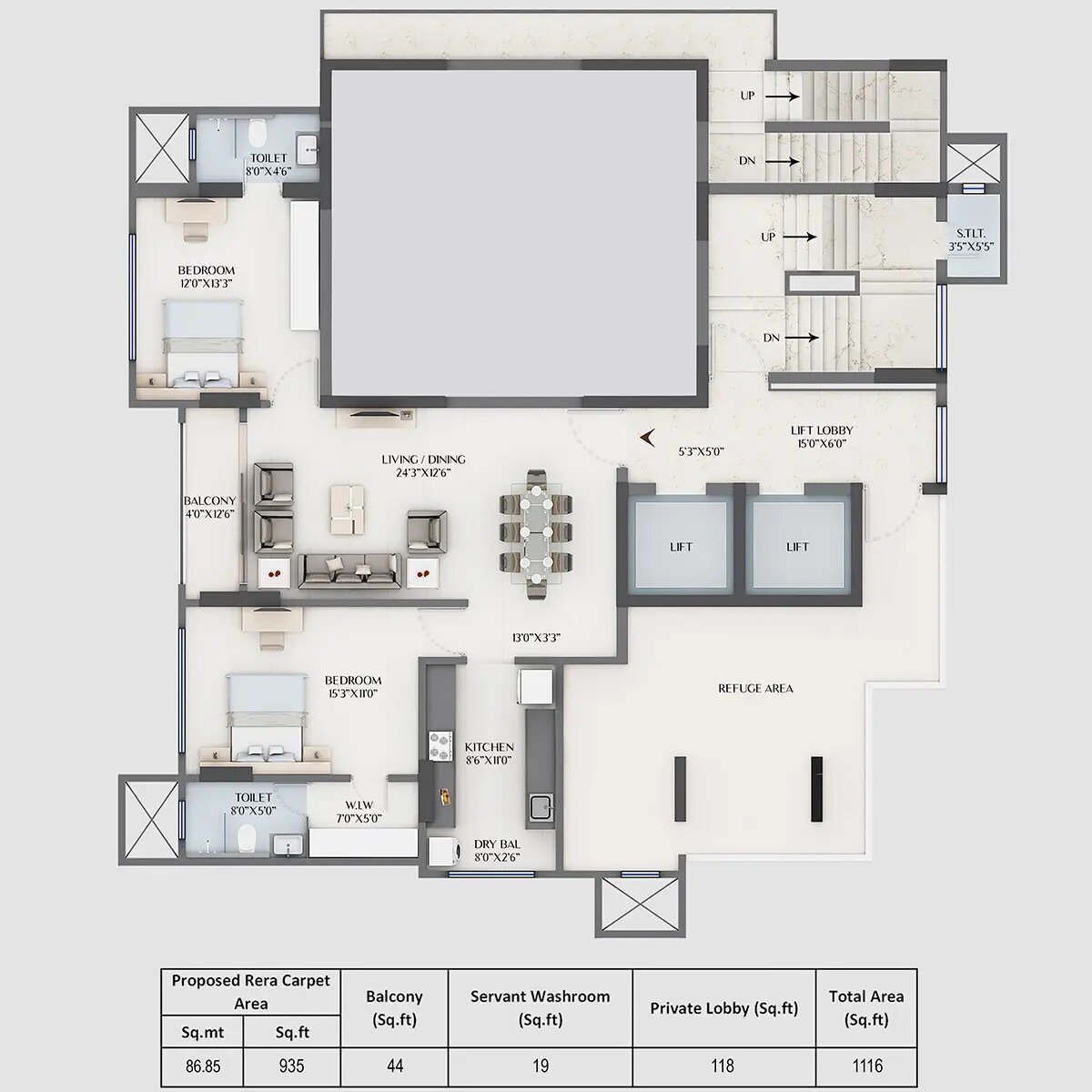 Floor plan of 2 BHK 935 Sq. Ft. Apartment in Supreme Alora, Mumbai
