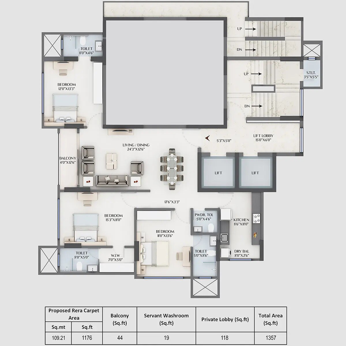 Floor plan of 3 BHK 1176 Sq. Ft. Apartment in Supreme Alora, Mumbai