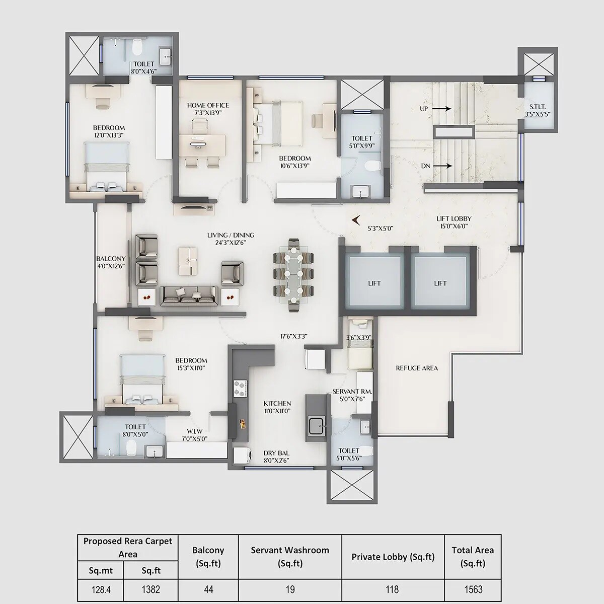 Floor plan of 3 BHK 1382 Sq. Ft. Apartment in Supreme Alora, Mumbai
