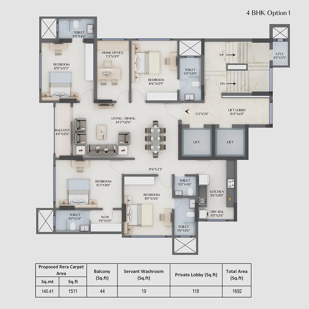 Floor plan of 4 BHK 1511 Sq. Ft. Apartment in Supreme Alora, Mumbai