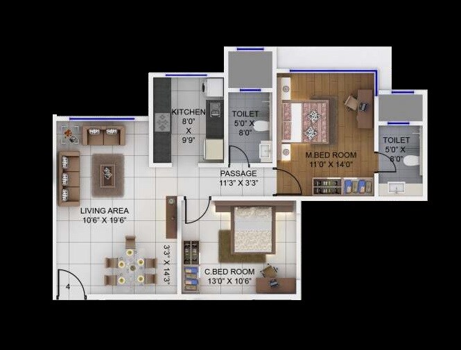 Floor plan of 2 BHK 749 Sq. Ft. Apartment in Supreme Corner View, Mumbai