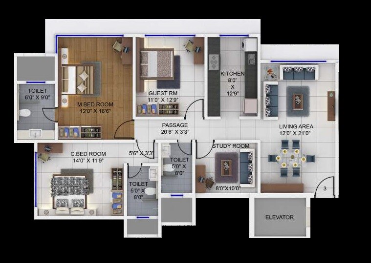 Floor plan of 3 BHK 1085 Sq. Ft. Apartment in Supreme Corner View, Mumbai