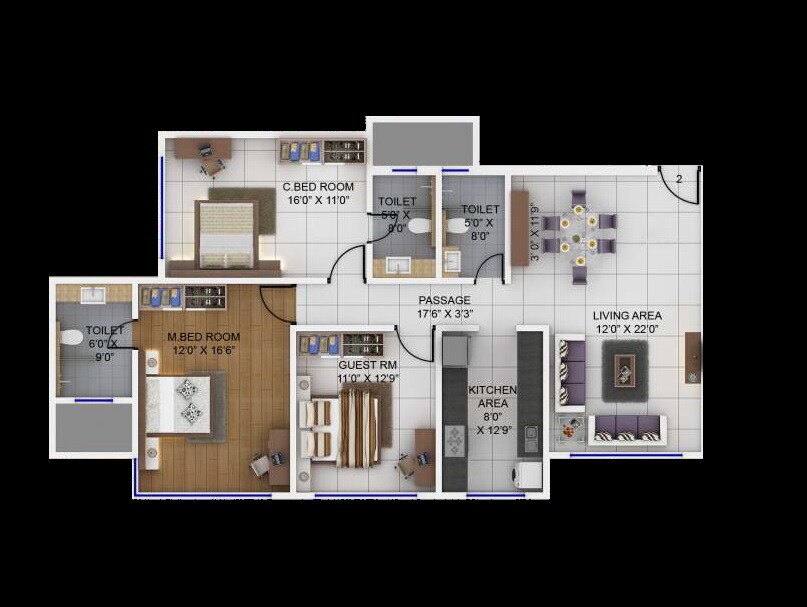 Floor plan of 3 BHK 1160 Sq. Ft. Apartment in Supreme Corner View, Mumbai