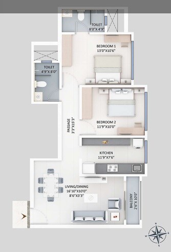 Floor plan of 2 BHK 732 Sq. Ft. Apartment in Supreme Elenor, Mumbai
