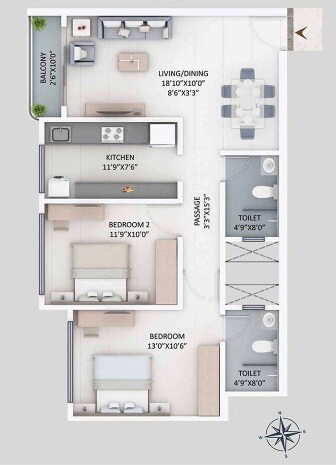 Floor plan of 2 BHK 736 Sq. Ft. Apartment in Supreme Elenor, Mumbai