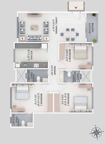 Floor plan of 3 BHK 1098 Sq. Ft. Apartment in Supreme Elenor, Mumbai