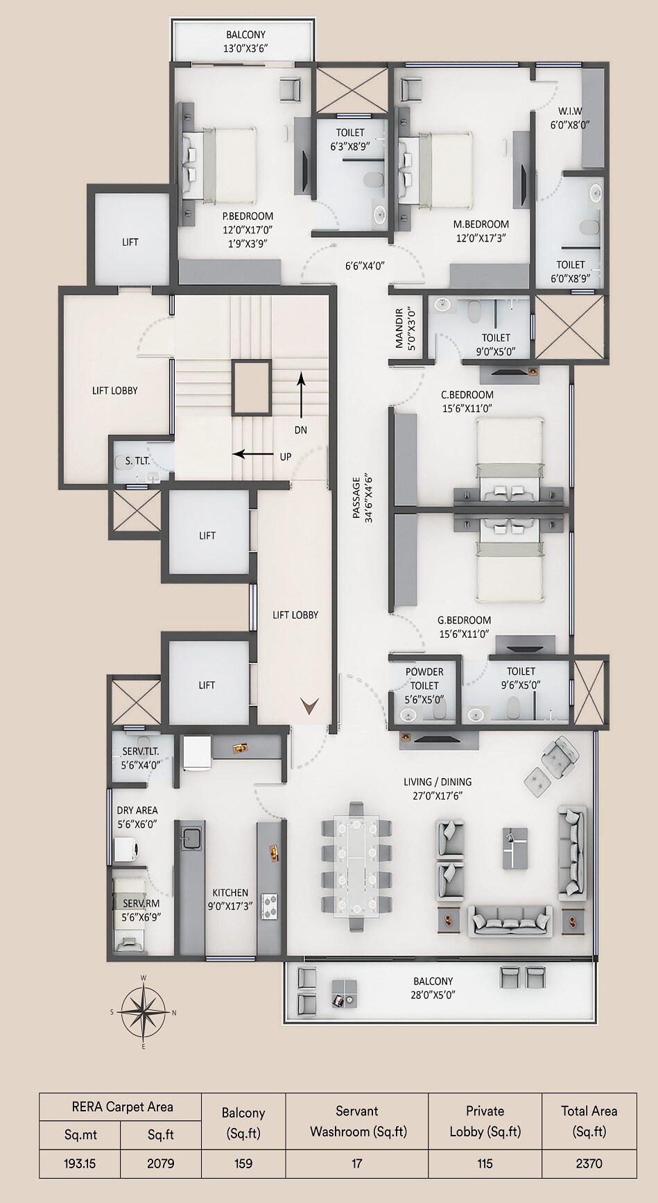 Floor plan of 4 BHK 2079 Sq. Ft. Apartment in Supreme Elysia, Mumbai
