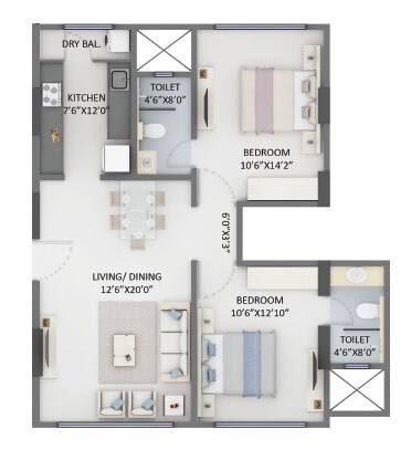 2 BHK 749 Sq. Ft. Apartment