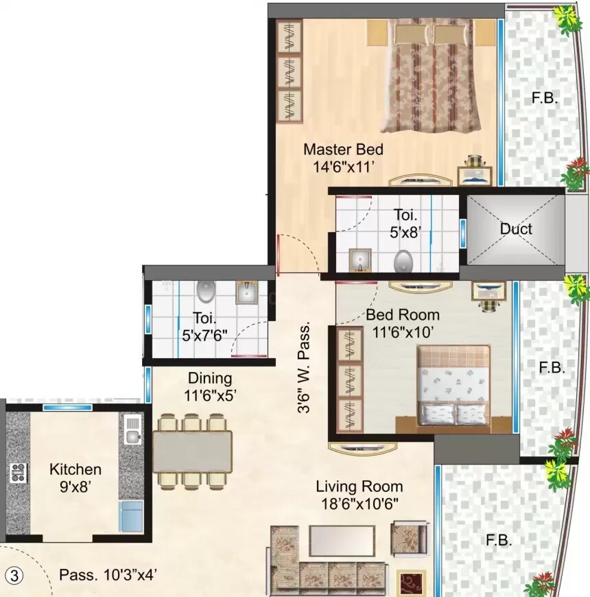 Floor plan of 2 BHK 1320 Sq. Ft. Apartment in Supreme Royal Accord, Mumbai