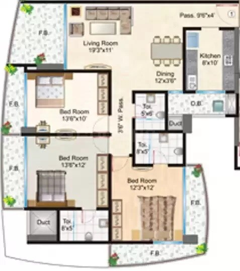 Floor plan of 3 BHK 1600 Sq. Ft. Apartment in Supreme Royal Accord, Mumbai