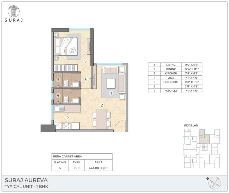Floor plan of 1 BHK 444 Sq. Ft. Apartment in Suraj Aureva, Mumbai