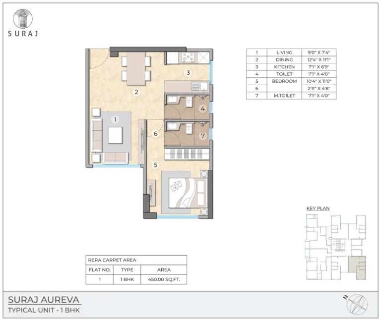 Floor plan of 1 BHK 450 Sq. Ft. Apartment in Suraj Aureva, Mumbai