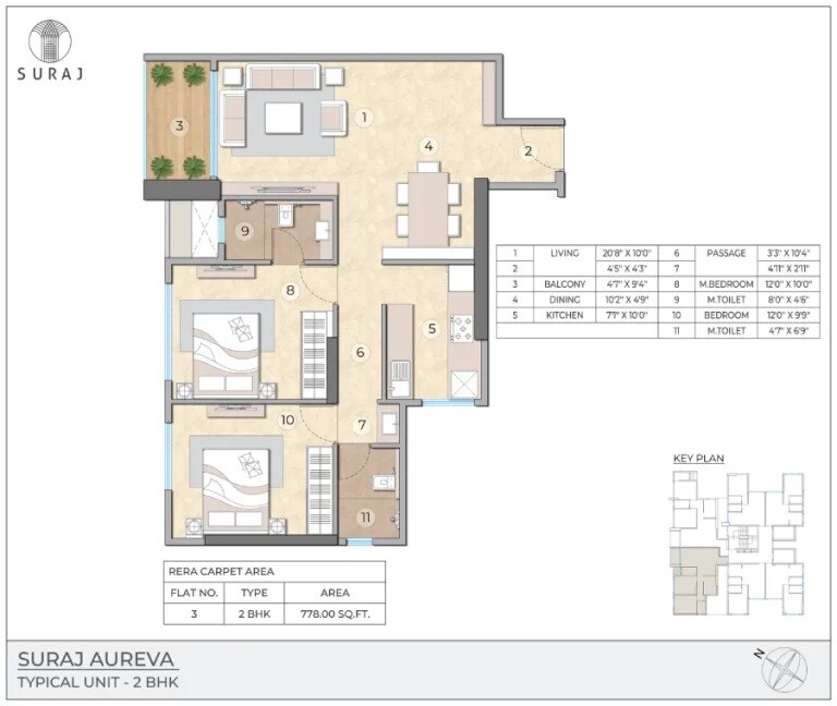 Floor plan of 2 BHK 778 Sq. Ft. Apartment in Suraj Aureva, Mumbai