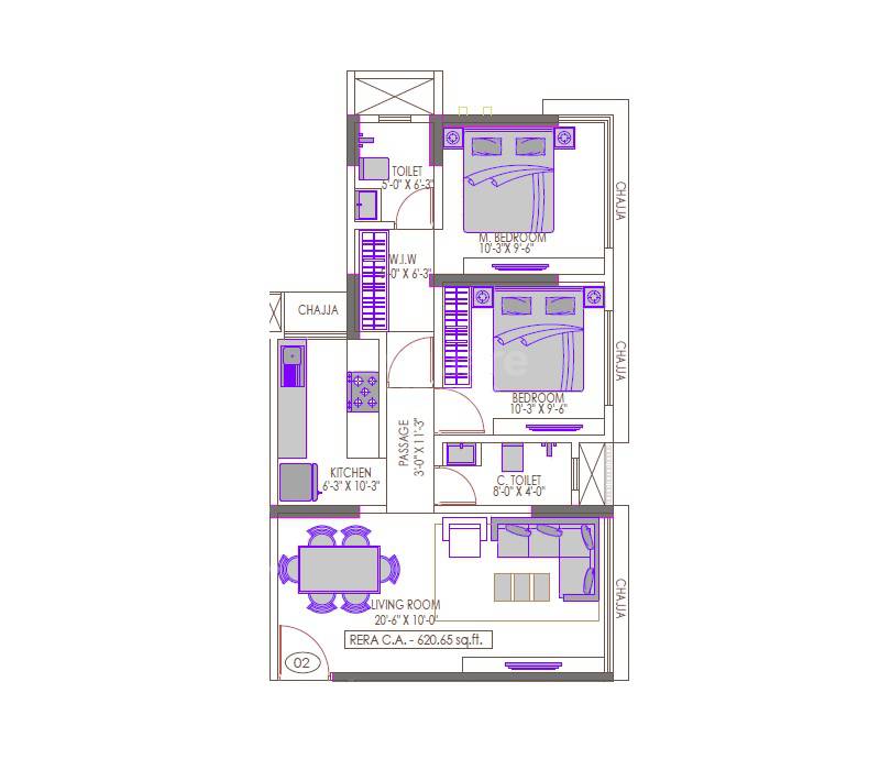Floor plan of 2 BHK 621 Sq. Ft. Apartment in Suraj Lumina, Mumbai